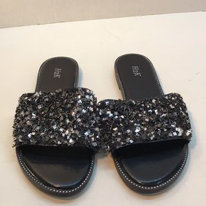 H2K Black & Silver Bling Flat Sandals Size 7